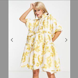 Dream Sister Jane oversized jacquard smock dress in golden yellow floral